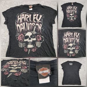 Harley Davidson Motorcycles Womens S Small Rhinestones Skull Graphic T Shirt Top